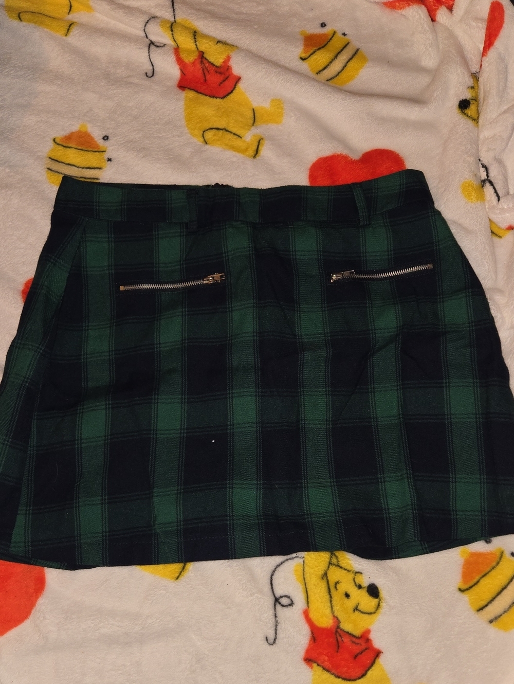Dark Green Plaid Mini Skirt with Zip Pockets